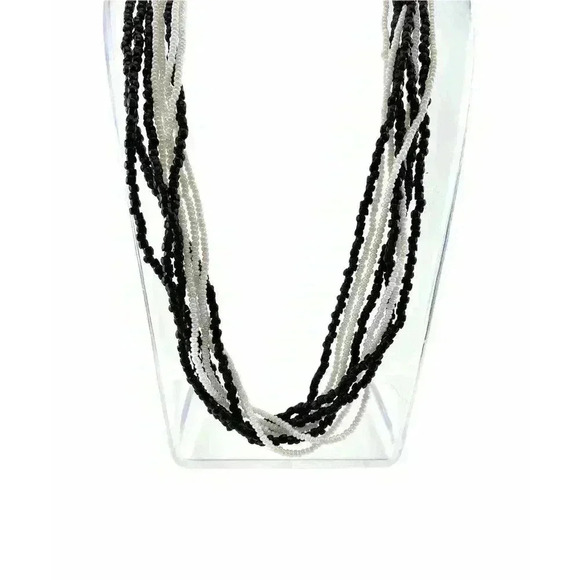 Cluster Layered Black and White Tiny Seed Bead Multi Strand Necklace 17" Long - Picture 4 of 11